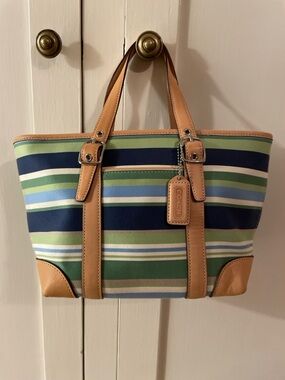 Vintage Coach Hampton Striped Small Canvas Tote in Navy, Green with Tan Leather